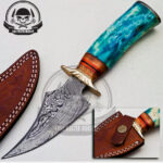 BEAUTIFULL FANCY CUSTOM HANDMADE SKINNER KNIFE,HANDLE MATERIAL  BLUE COULER BONE WOOD BRAS GAUIRD WITH BLACK AND RED SHEET
